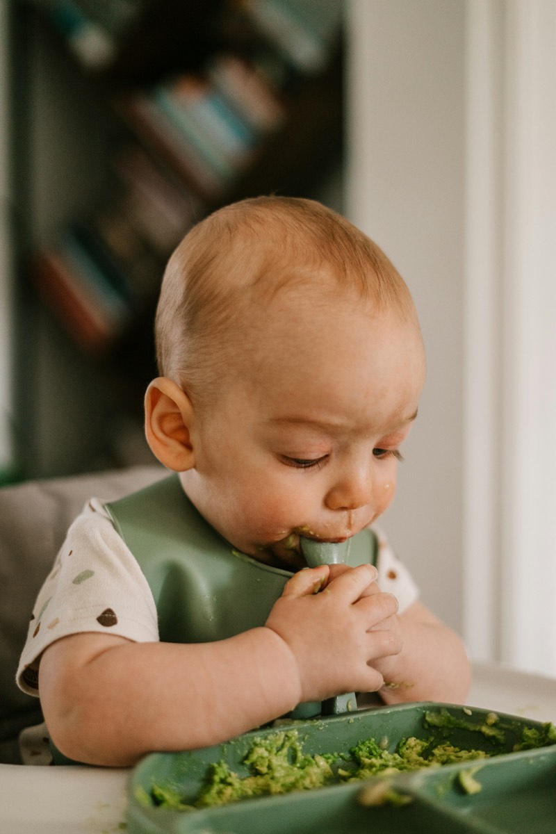 Bébé heureux qui mange seul, assis dans sa chaise haute